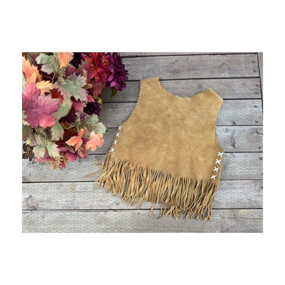Handmade Suede Leather Vest Floral Beadwork Fringe Chest Tie Closure Youth 2T-4T - Picture 3 of 4